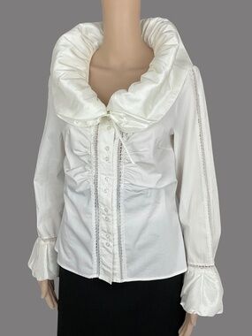 Kenar White Blouse Ruffle Collar Lace Trim Size S